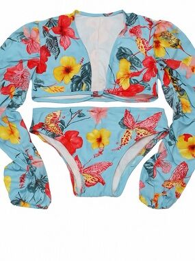 Cut out Floral Long-Sleeve Two-Piece Swim Set - Light Blue Patbo boutique looks
